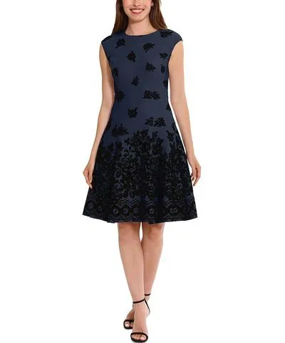 London Times Petites Womens Flocked Scuba Fit & Flare Dress