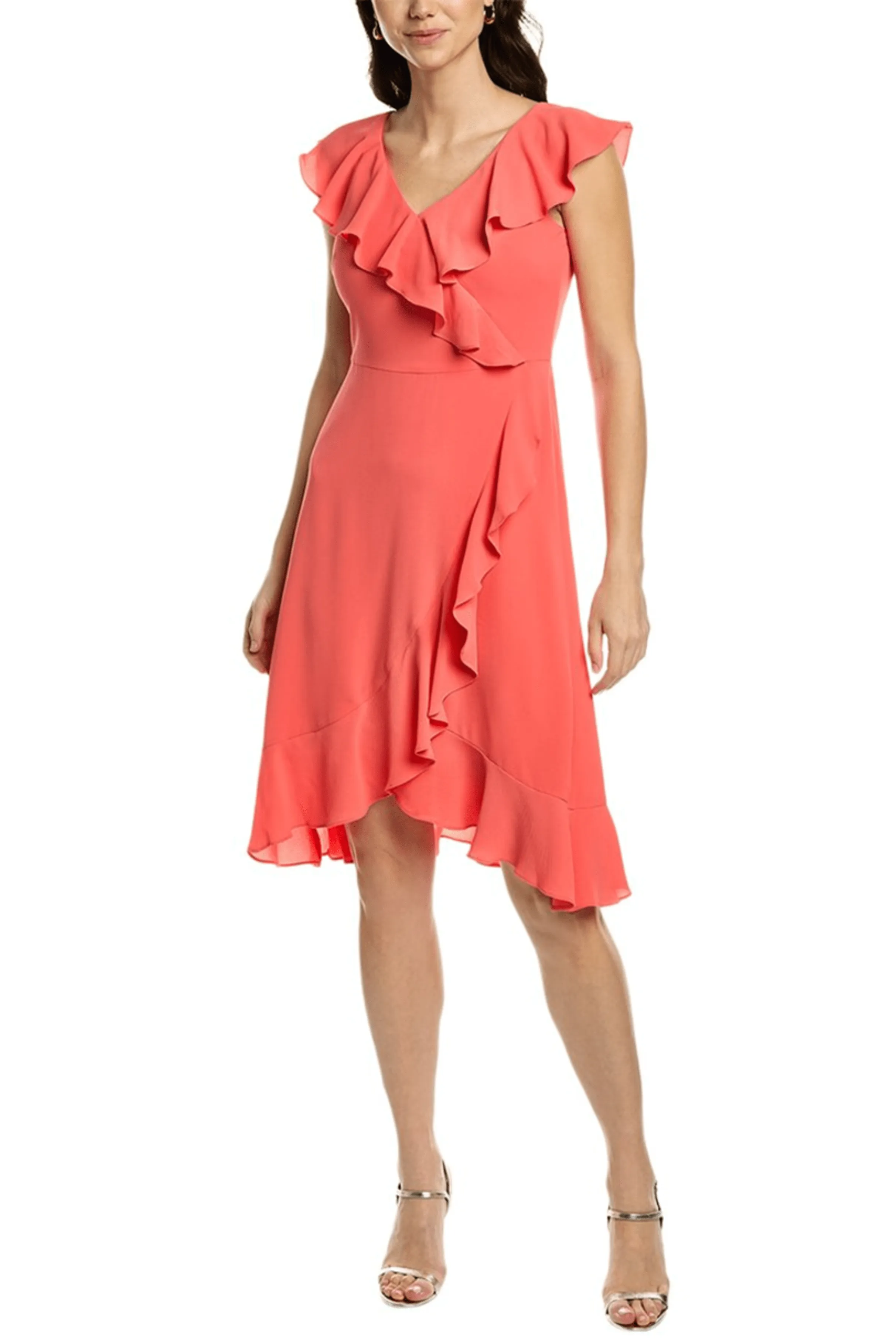 London Times T6183M - Ruffle Detailed V-Neck Dress