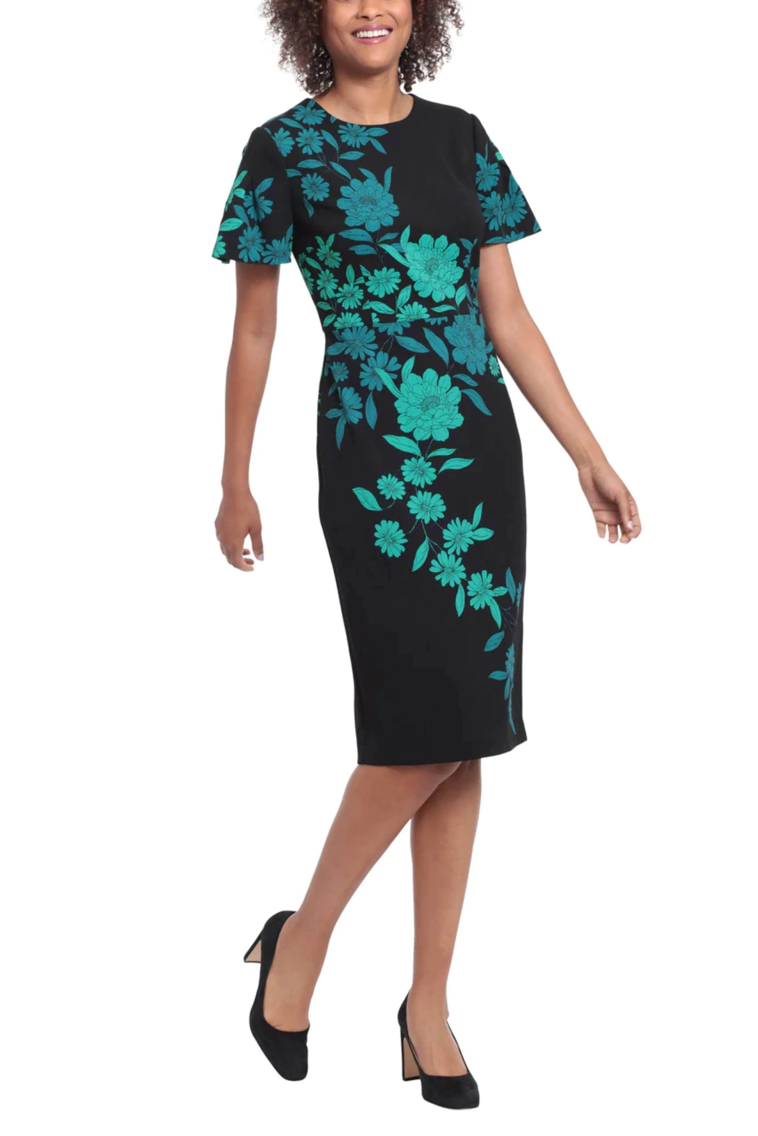 London Times T6384M - Floral Printed Knee-Length Dress