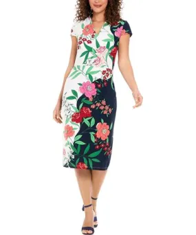 London Times Womens Floral Print Midi Sheath Dress