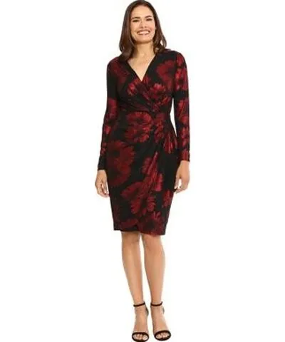 London Times Women's Long Sleeve V-Neck Printed Sheath Dress