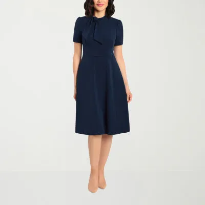 London Times Womens Short Sleeve Midi Fit + Flare Dress