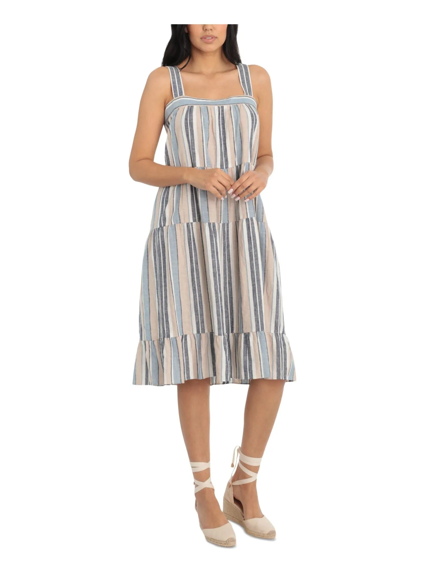 LONDON TIMES Womens Striped Sleeveless Square Neck Midi Shift Dress