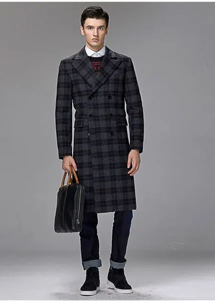 Long wool coat for men with double breast checkered pattern