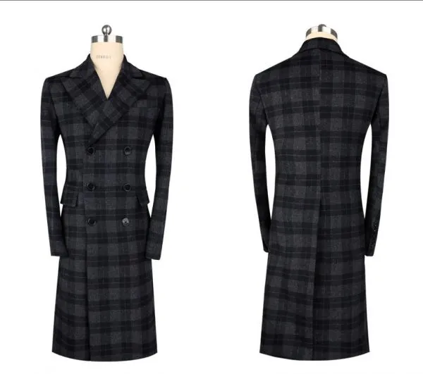 Long wool coat for men with double breast checkered pattern