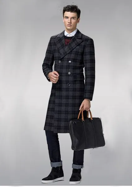 Long wool coat for men with double breast checkered pattern