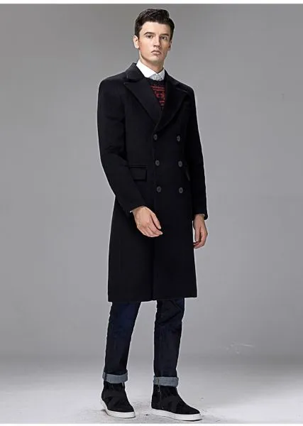 Long wool coat for men with double breast checkered pattern