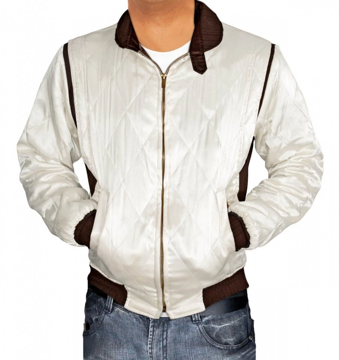 Men's Quilted White Satin Bomber Drive Jacket