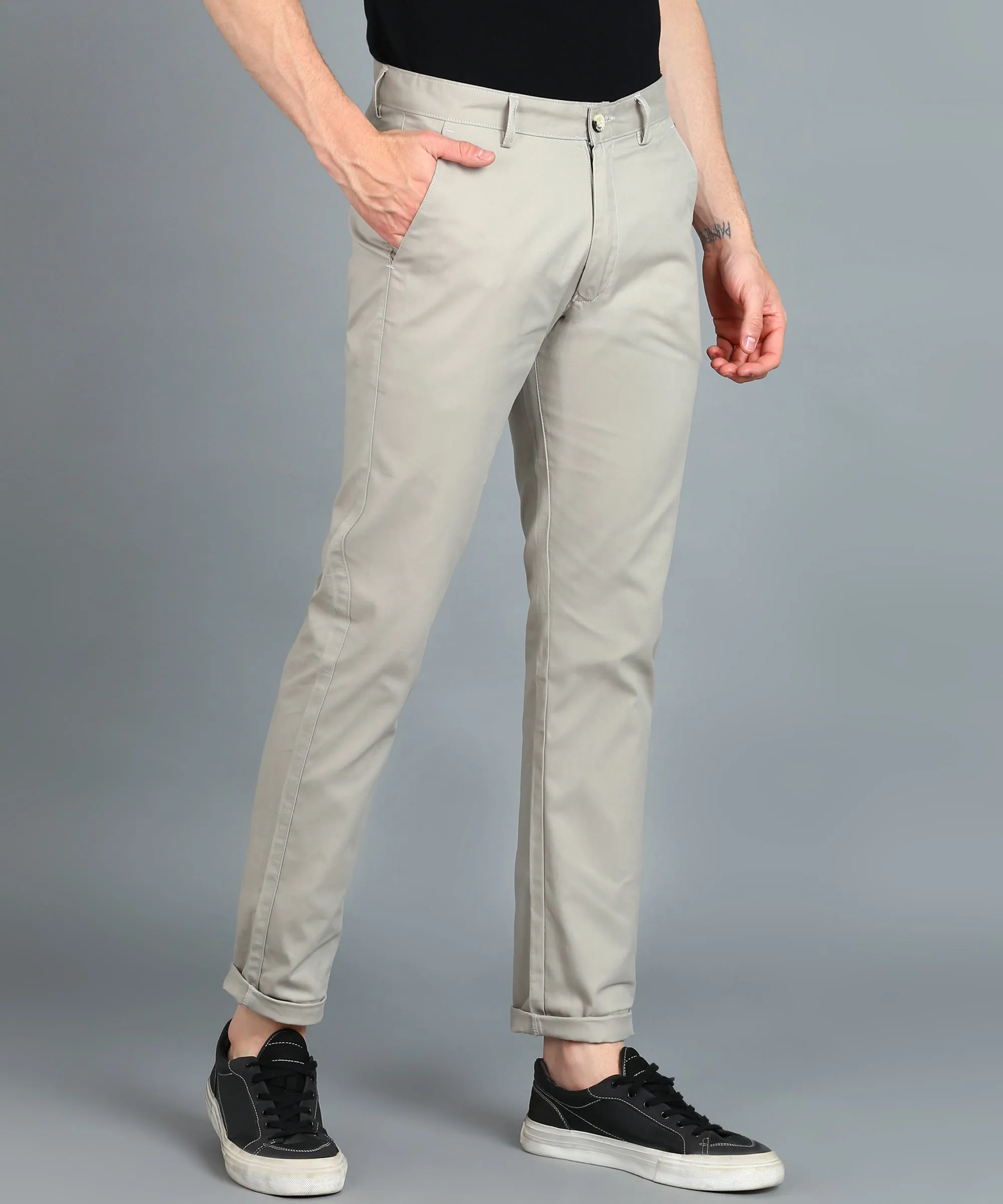 Men's Grey Cotton Light Weight Non-Stretch Slim Fit Casual Trousers