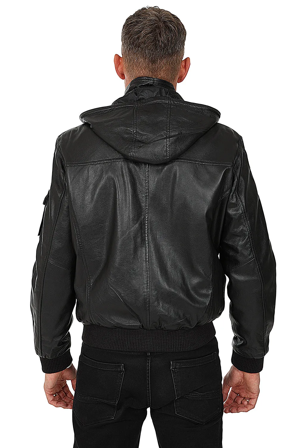 Men's Leather Bomber Style Jacket with a Detachable Hood - DANNY 638