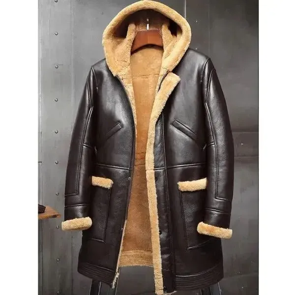 Men's RAF Hooded Long Sheepskin Shearling Winter Coat