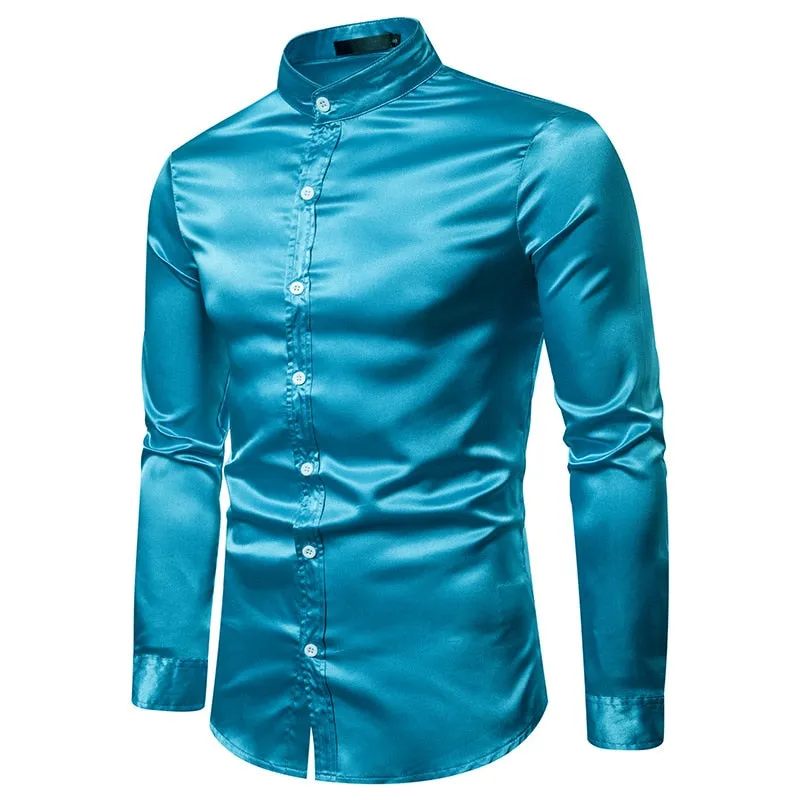 Men's Satin Silk Solid Slim Fit Shiny Long Sleeve Casual Party Shirt