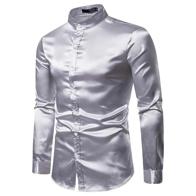 Men's Satin Silk Solid Slim Fit Shiny Long Sleeve Casual Party Shirt