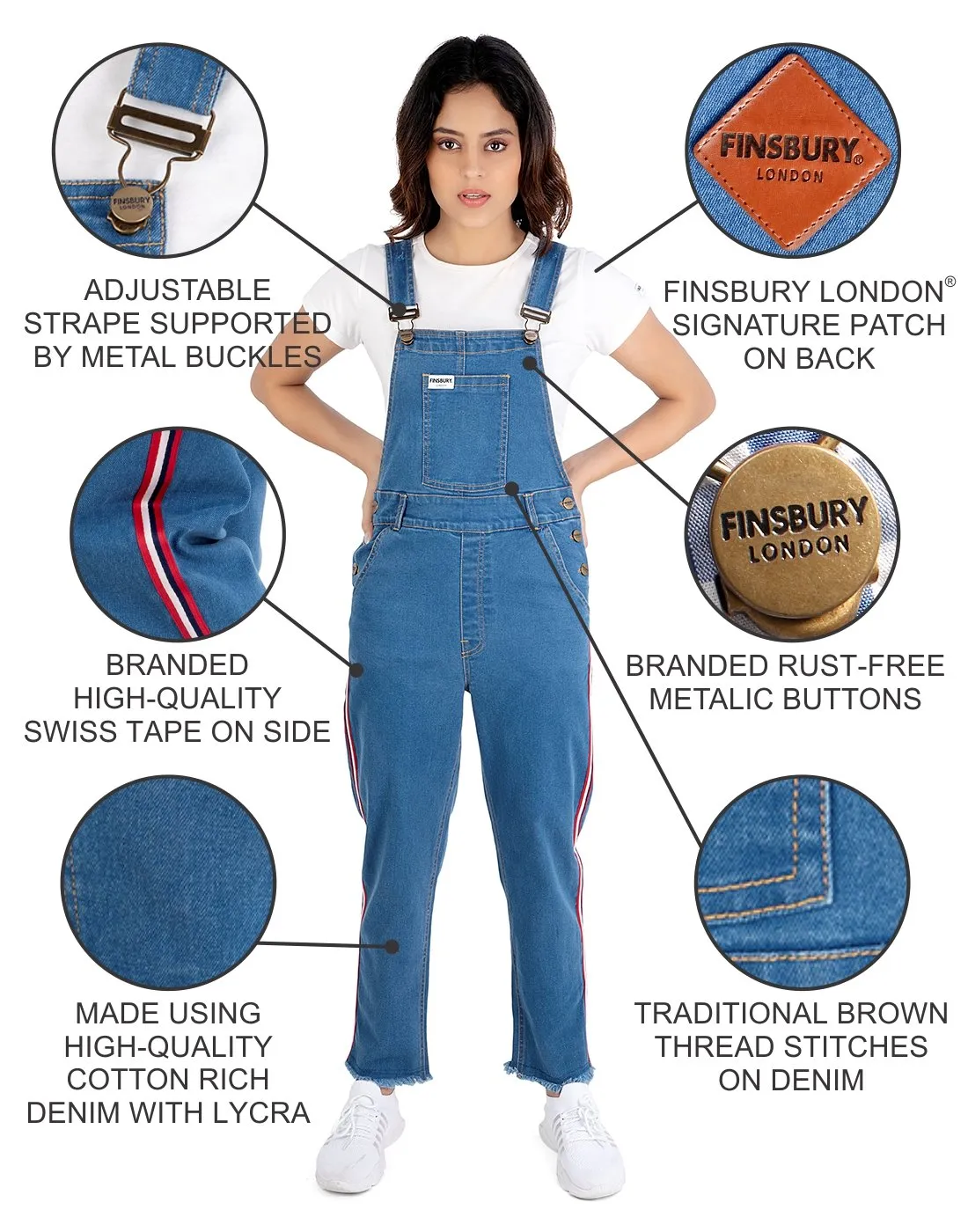 NaughtyDungaree Womens Denim Dungaree with Swiss Tape