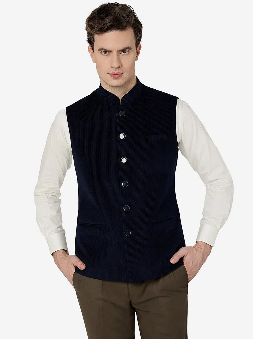 Navy Blue Solid Regular Fit Bandhgala Jacket | Greenfibre