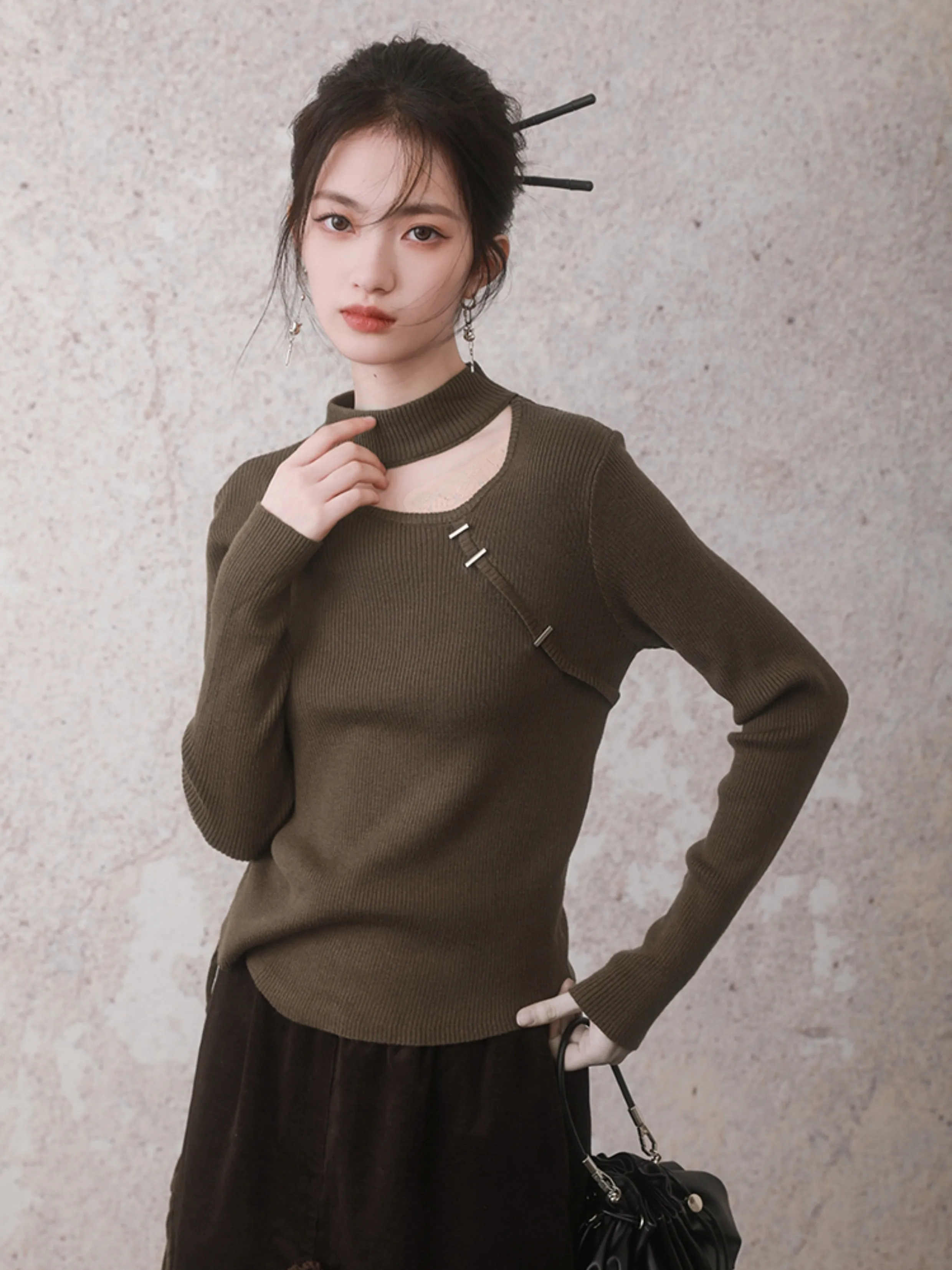 New Chinese StyleDrawstring Cutout Sweater