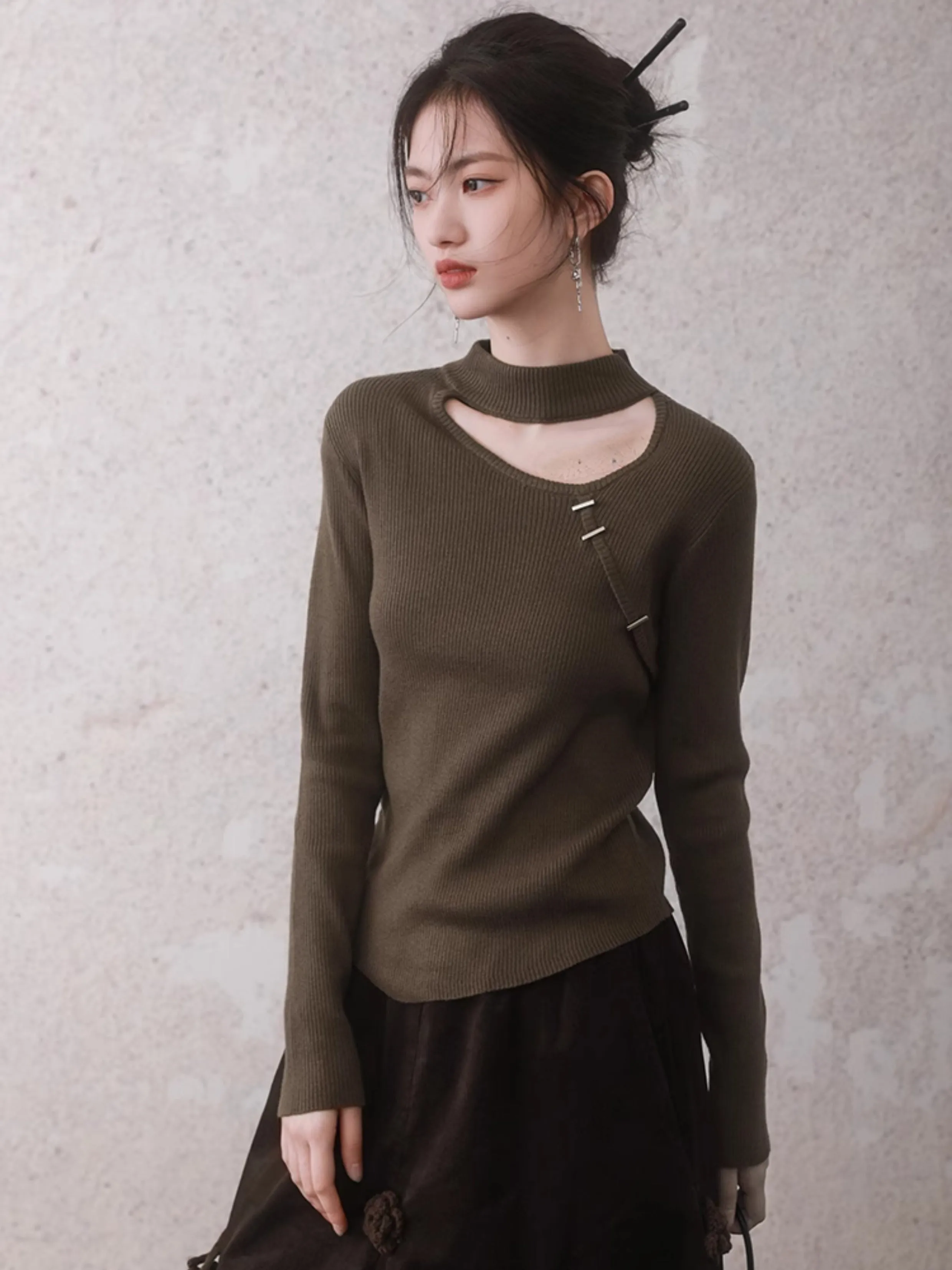 New Chinese StyleDrawstring Cutout Sweater