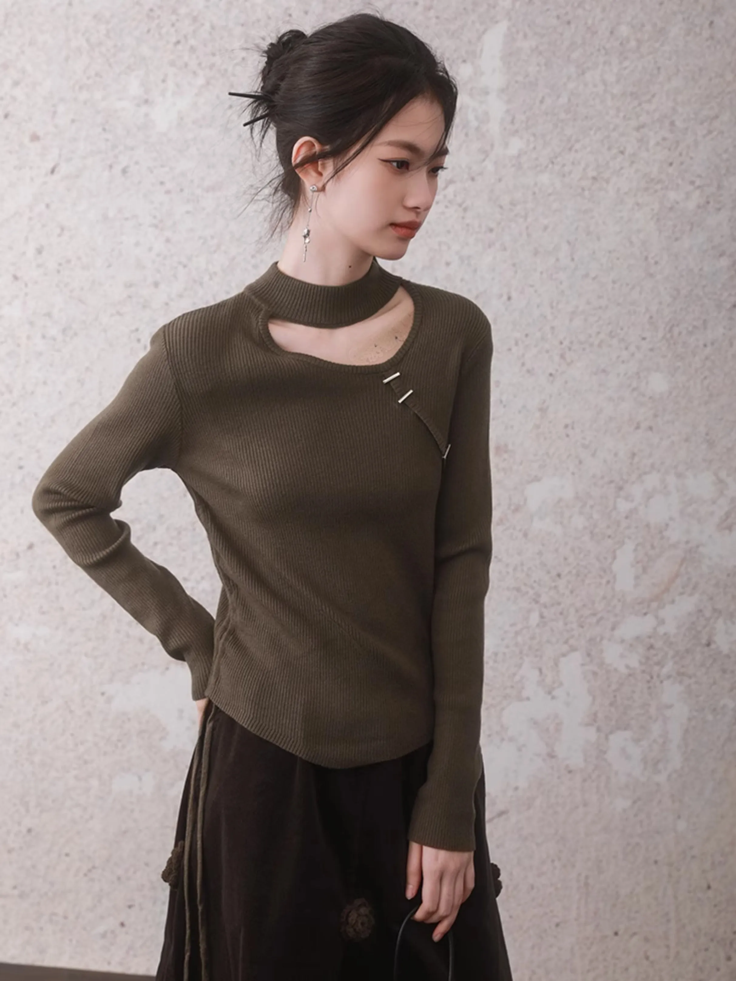 New Chinese StyleDrawstring Cutout Sweater