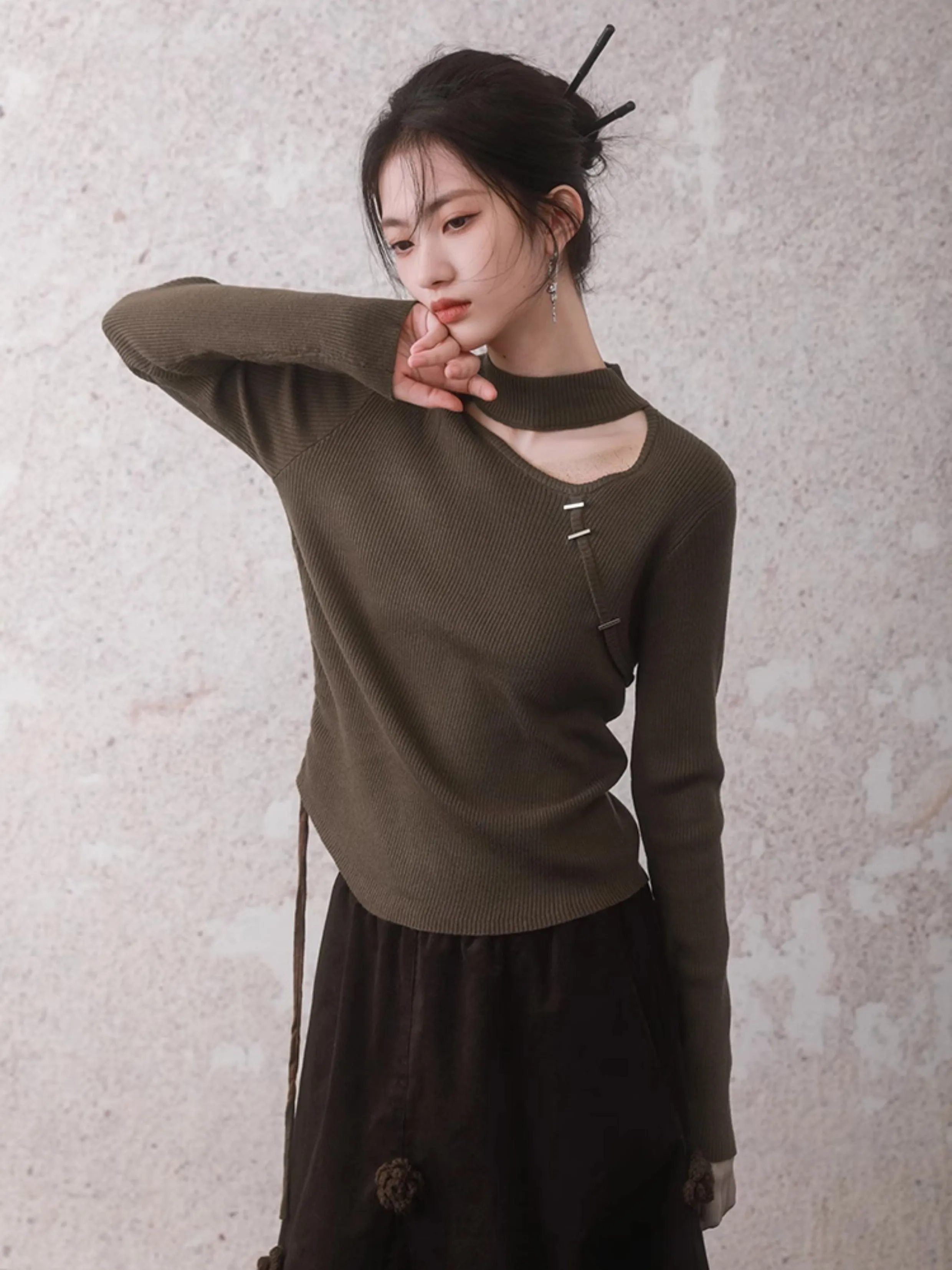 New Chinese StyleDrawstring Cutout Sweater