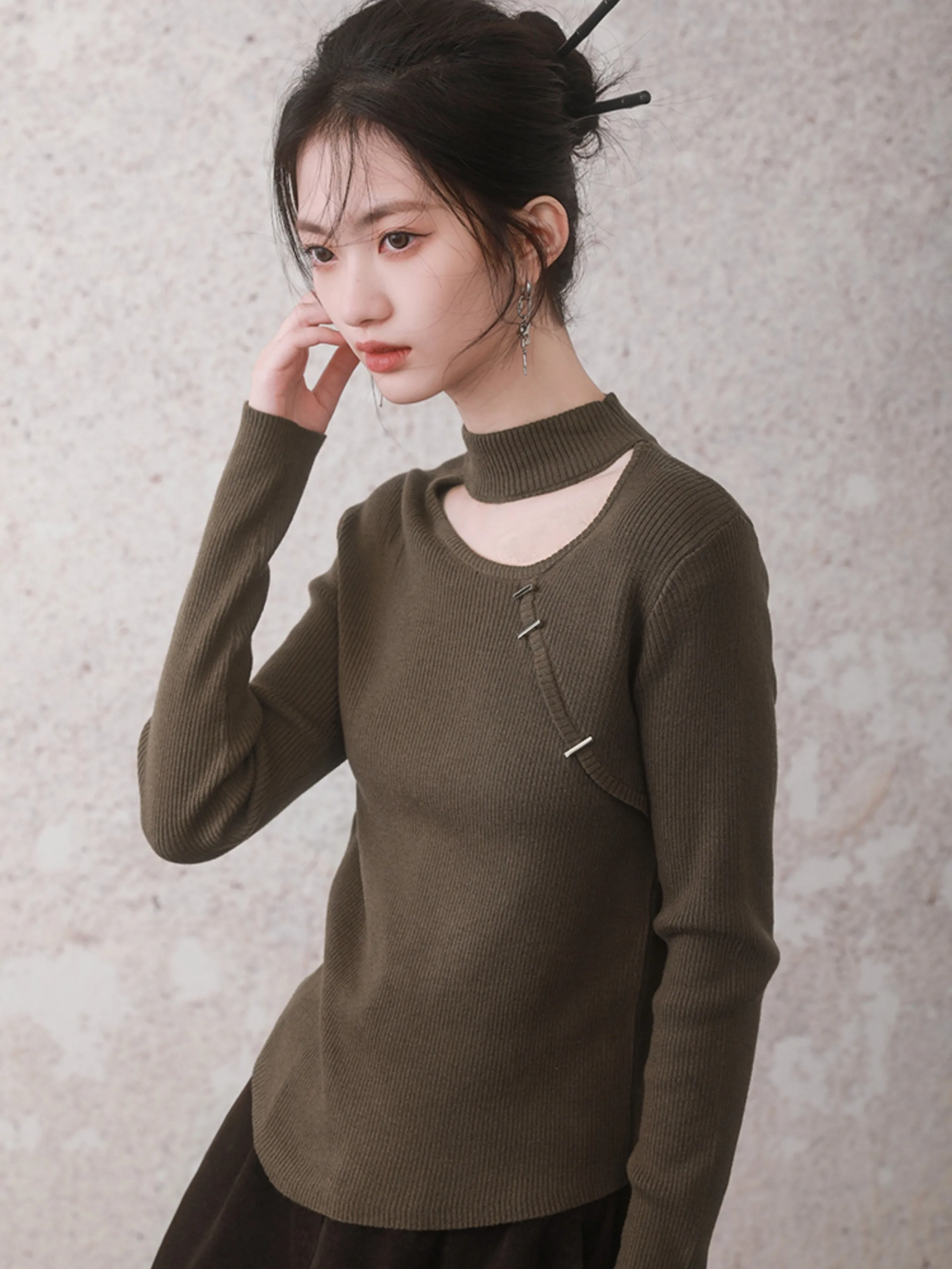 New Chinese StyleDrawstring Cutout Sweater