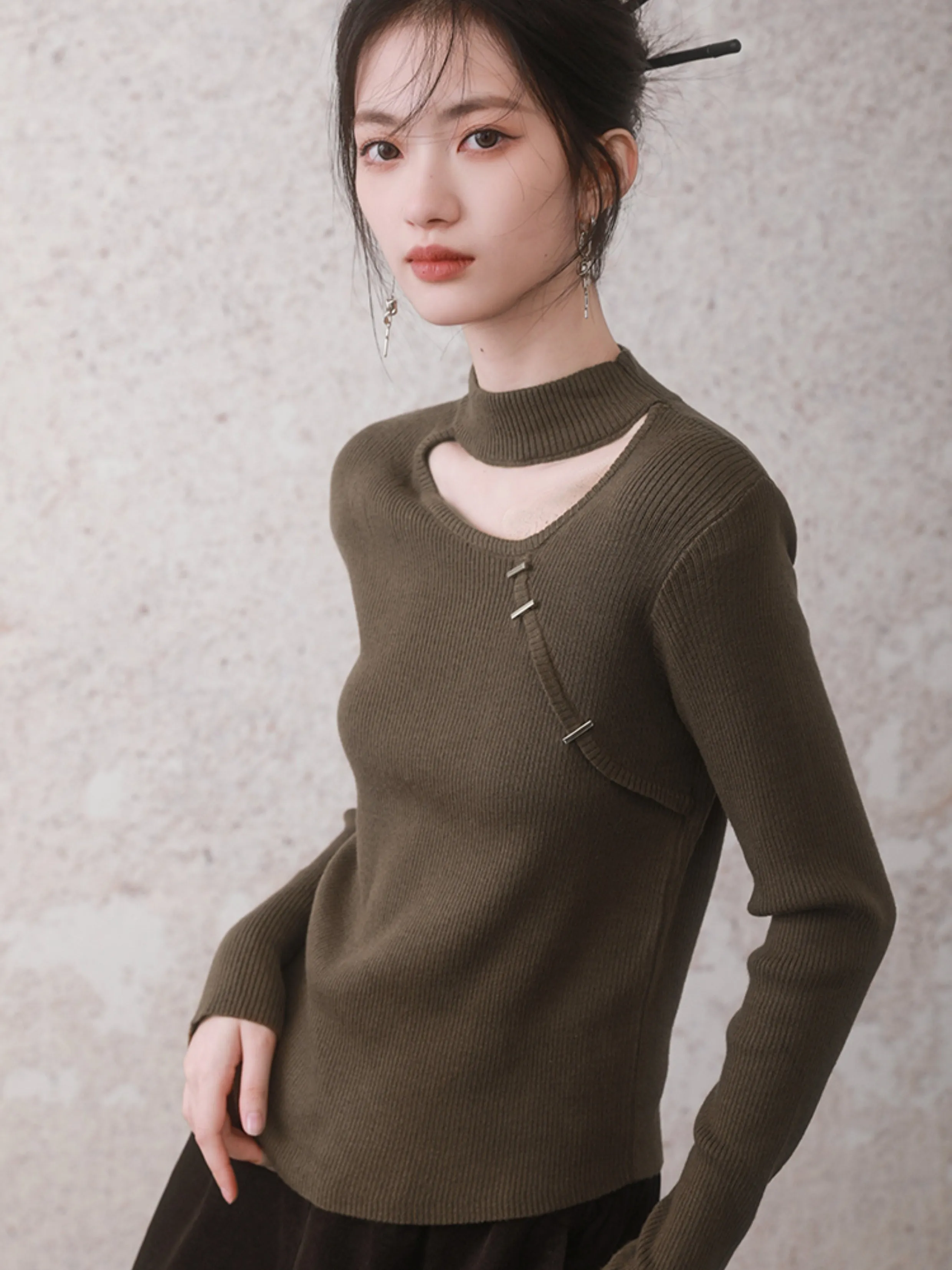 New Chinese StyleDrawstring Cutout Sweater