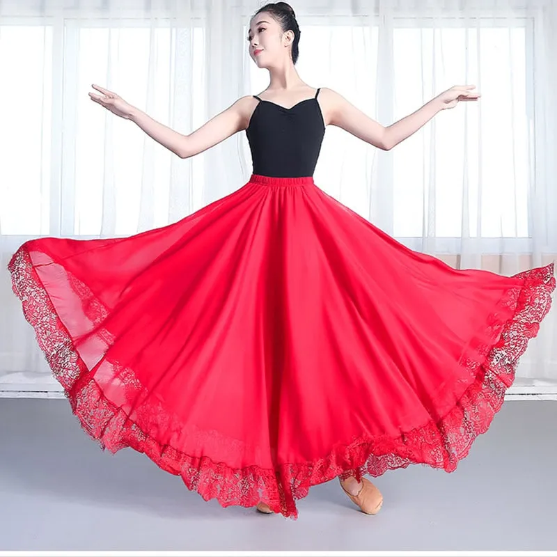 New Dance-Skirt Pendulum Dance Elastic Waist Elegant Ladies Beach Holiday Big-Swing Fashion Fairy Long Princess Party Lace Skirt