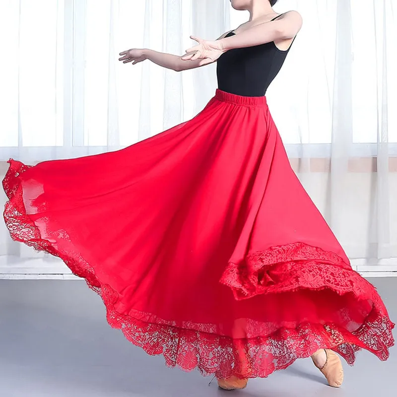 New Dance-Skirt Pendulum Dance Elastic Waist Elegant Ladies Beach Holiday Big-Swing Fashion Fairy Long Princess Party Lace Skirt