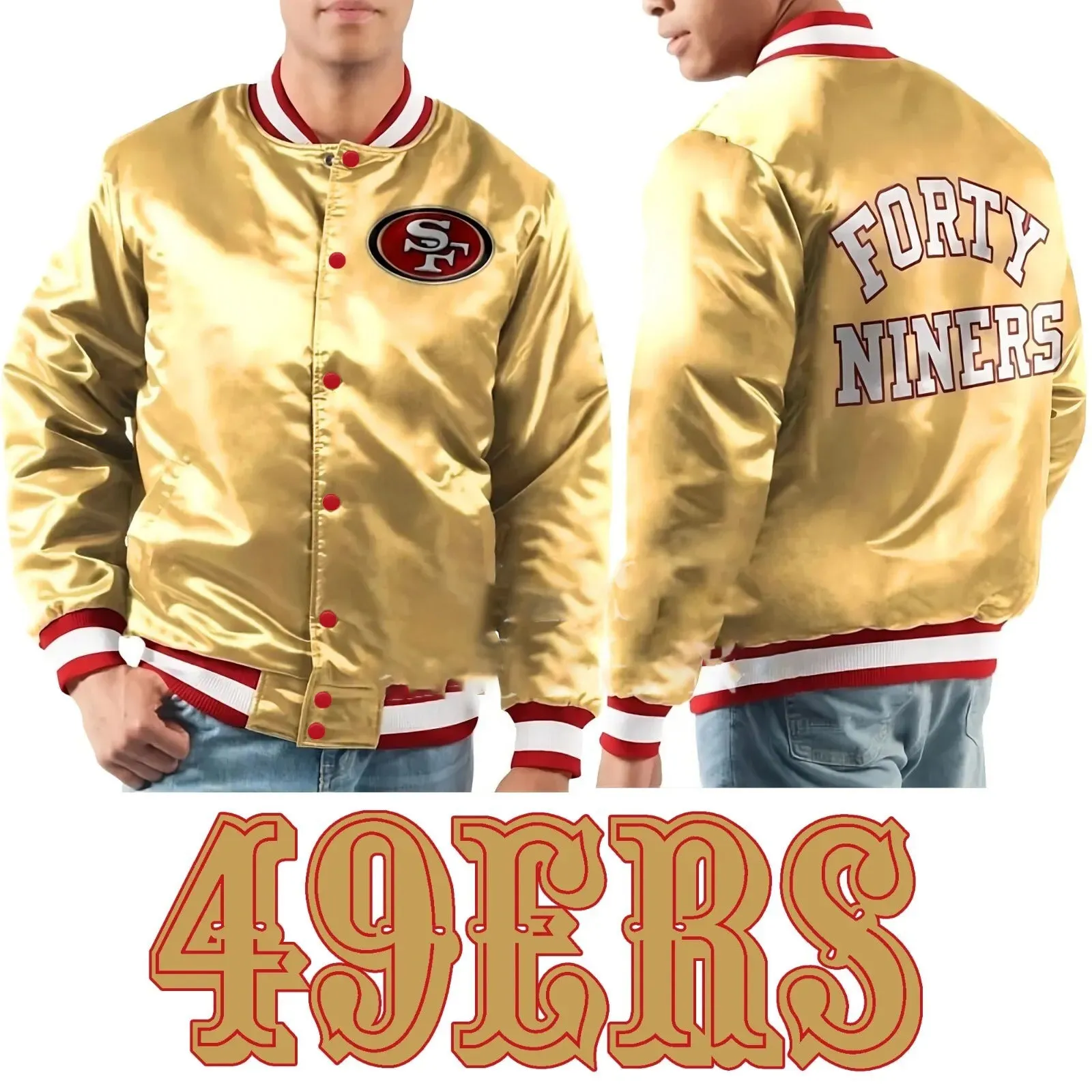 NFL San Francisco Forty Niners Vintage Gold Satin Bomber Style Lettermen Jacket