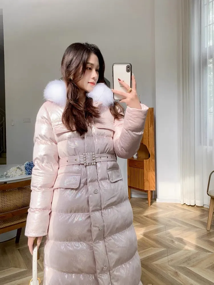 Nori gentle style sweet lady winter down cotton coat women's French retro fox fur collar slim coat