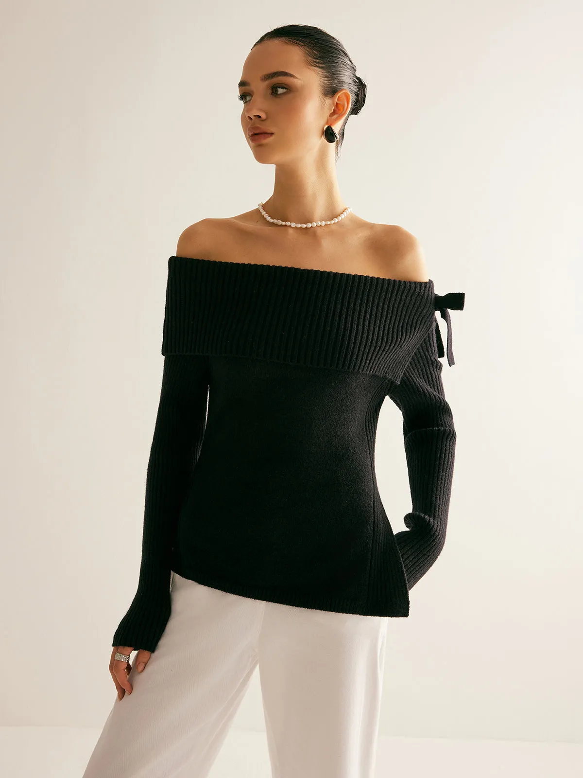 Off-Shoulder Ribbed Bow Slit Sweater