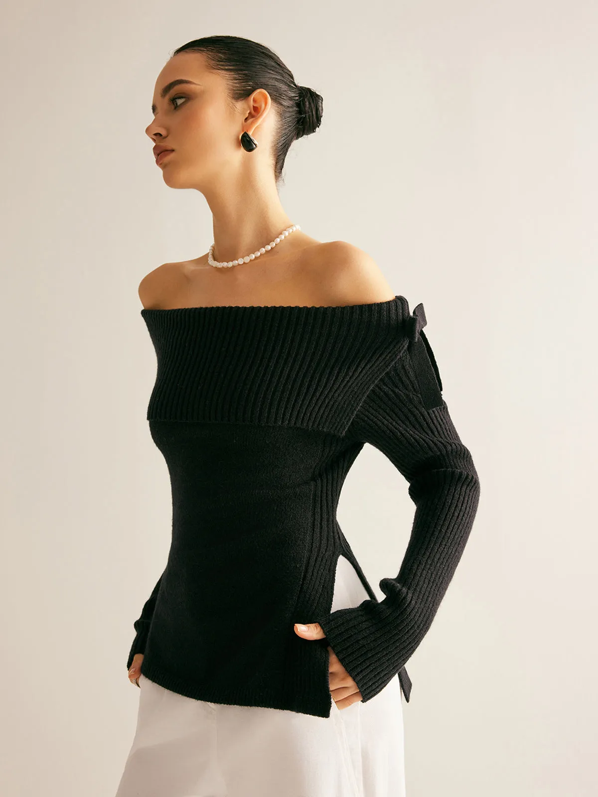 Off-Shoulder Ribbed Bow Slit Sweater