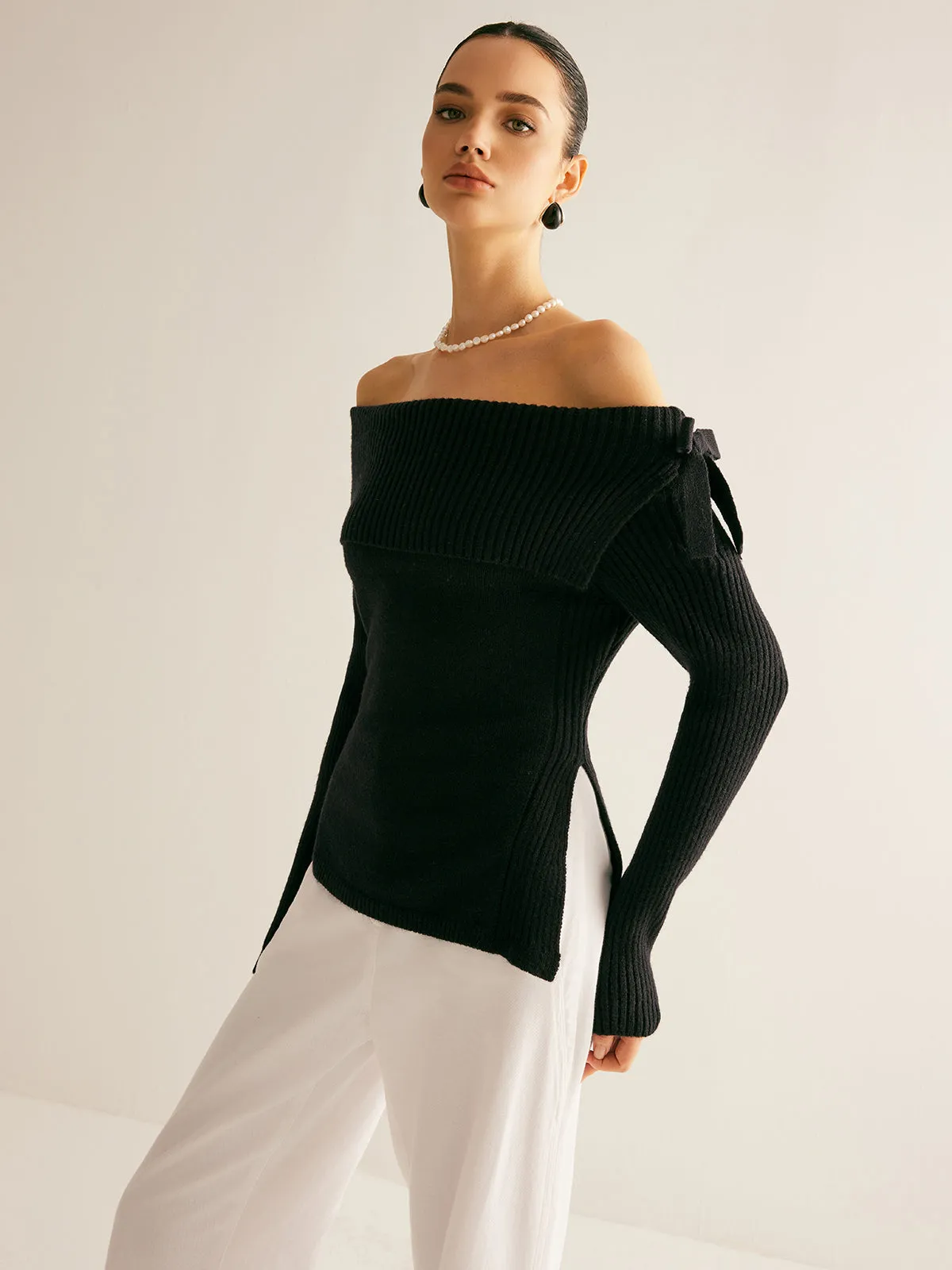 Off-Shoulder Ribbed Bow Slit Sweater