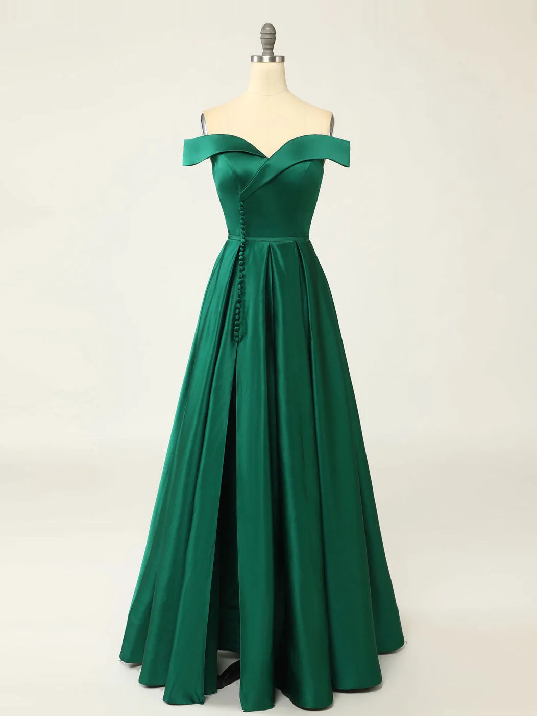 Overlap Neck Satin Emerald Green A-line Long Prom Dress Formal Party Dress