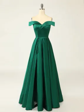 Overlap Neck Satin Emerald Green A-line Long Prom Dress Formal Party Dress