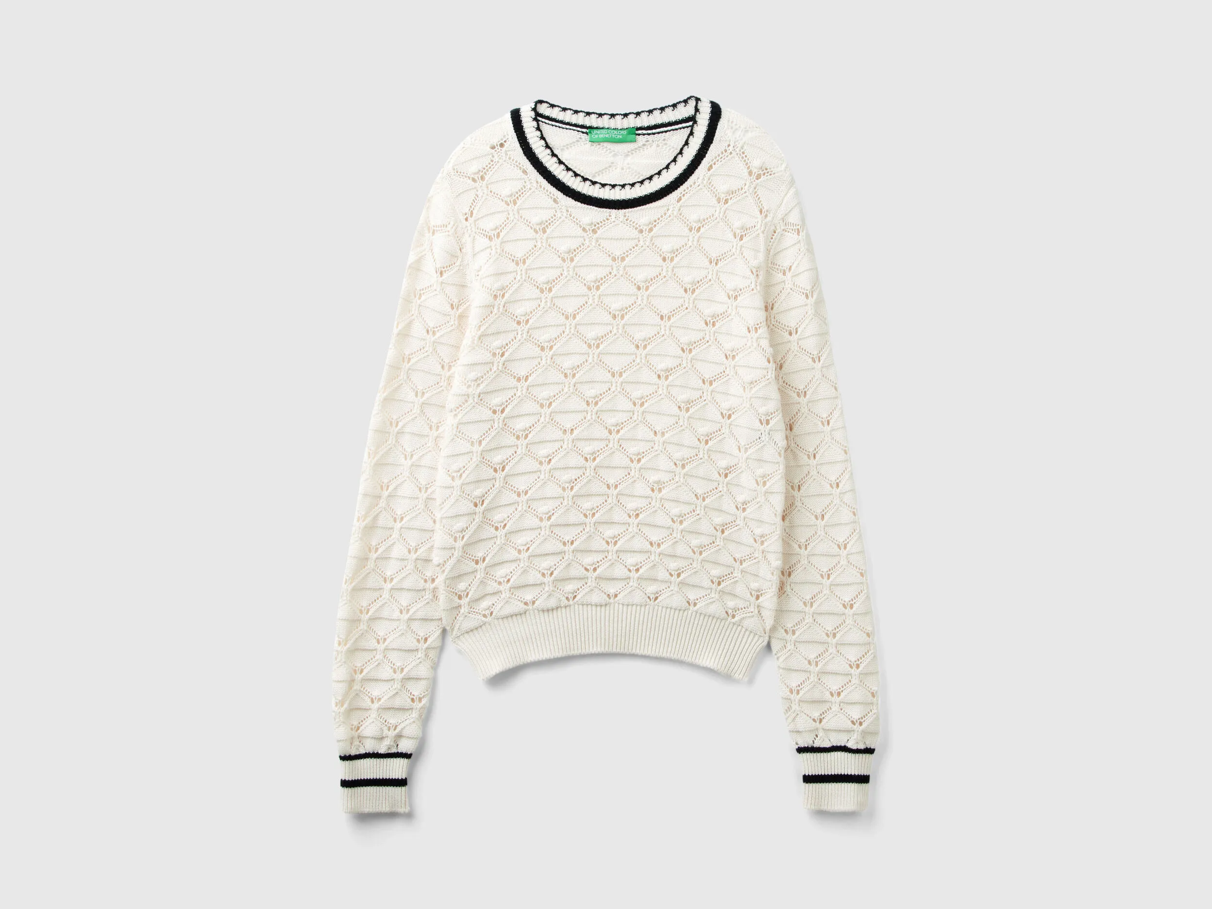 Perforated sweater in pure cotton - Creamy White | Benetton