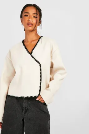 Petite Contrast Stitch Wool Look Boxy Jacket