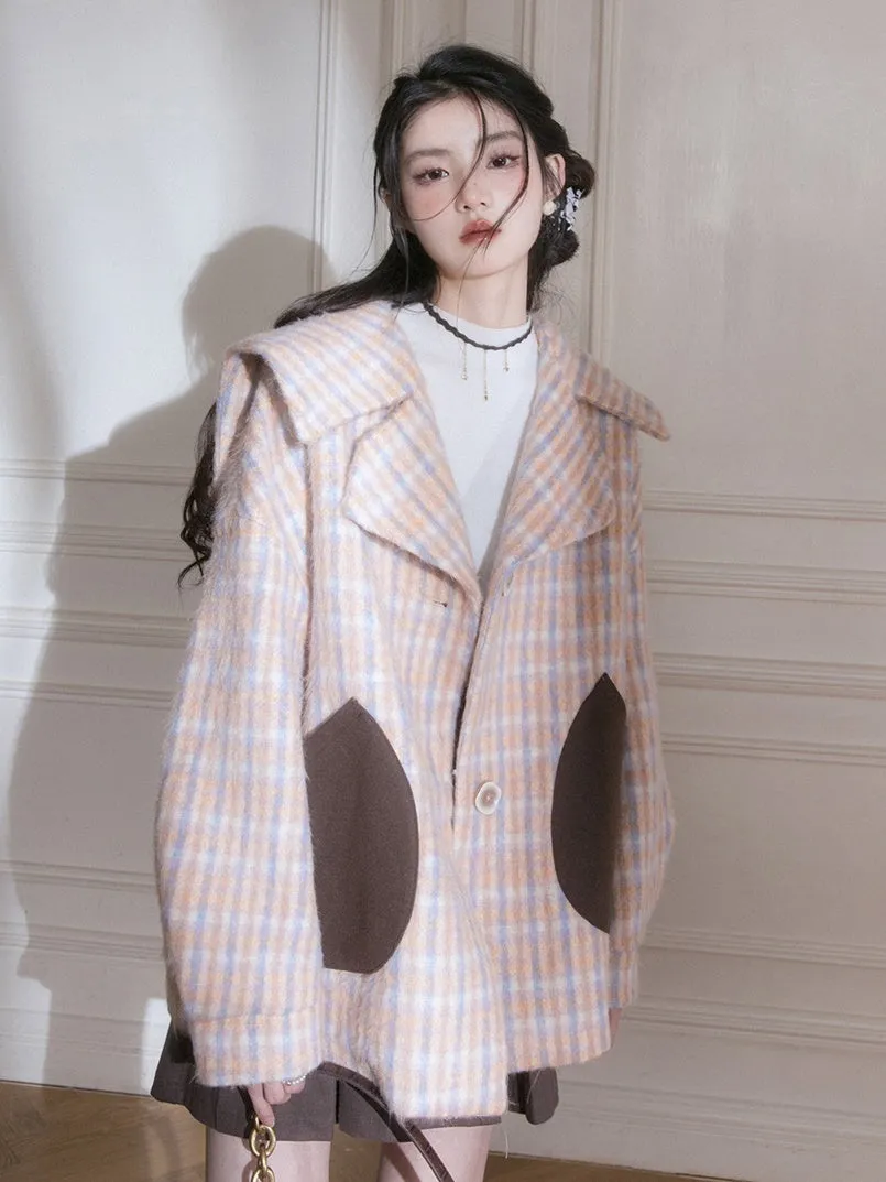 Plaid Large Lapel Woolen Coat