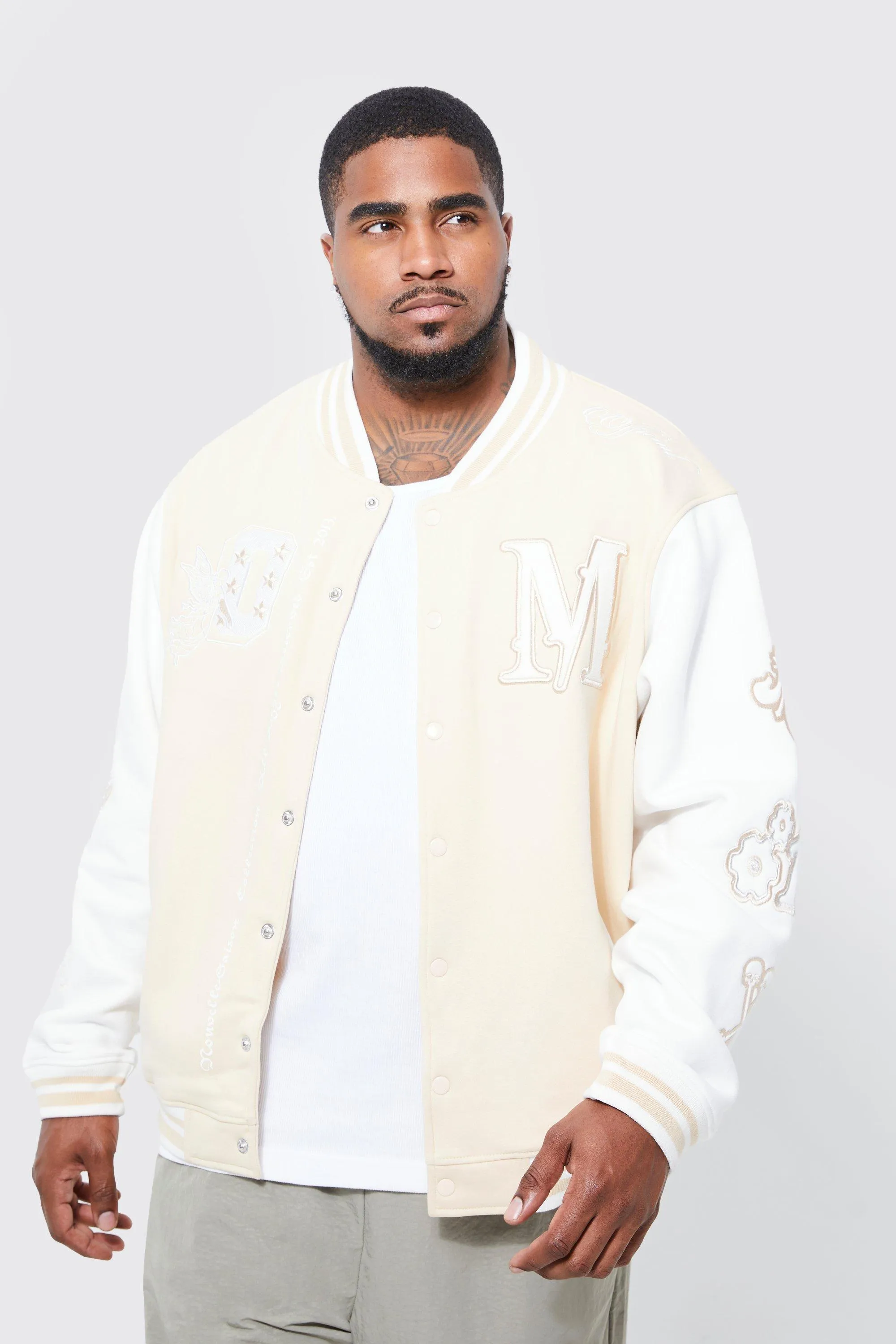 Plus Boxy M Jersey Varsity Jacket | boohooMAN UK