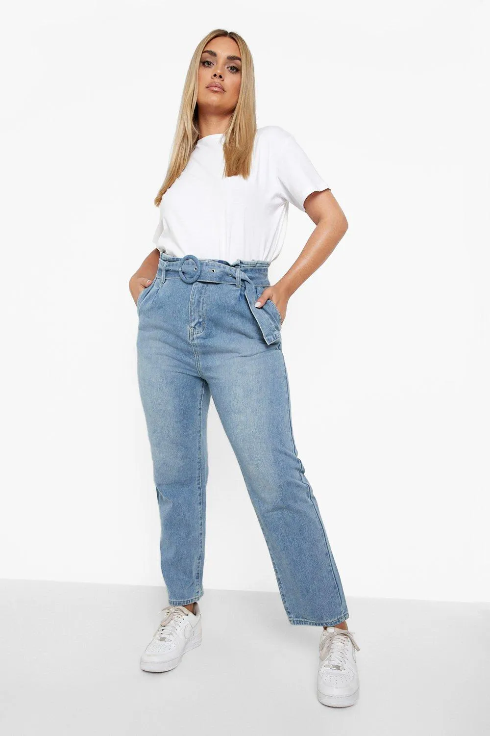 Plus Paperbag Buckle Classic Mom Jeans