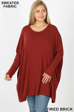 PLUS SWEATER FABRIC OVERSIZE ROUND NECK PONCHO in FIRED BRICK