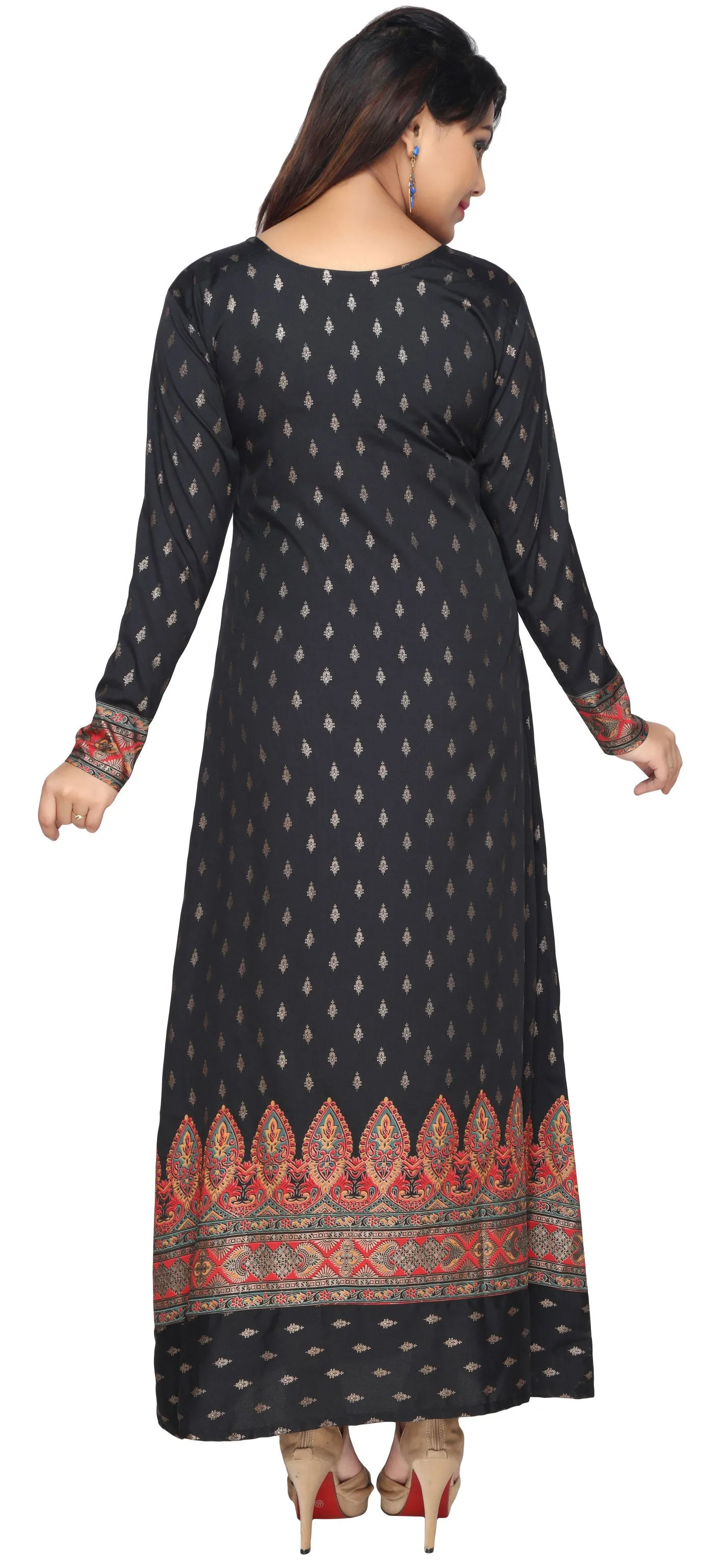 Printed Womens Caftan Long Evening Dress (Black-Red)