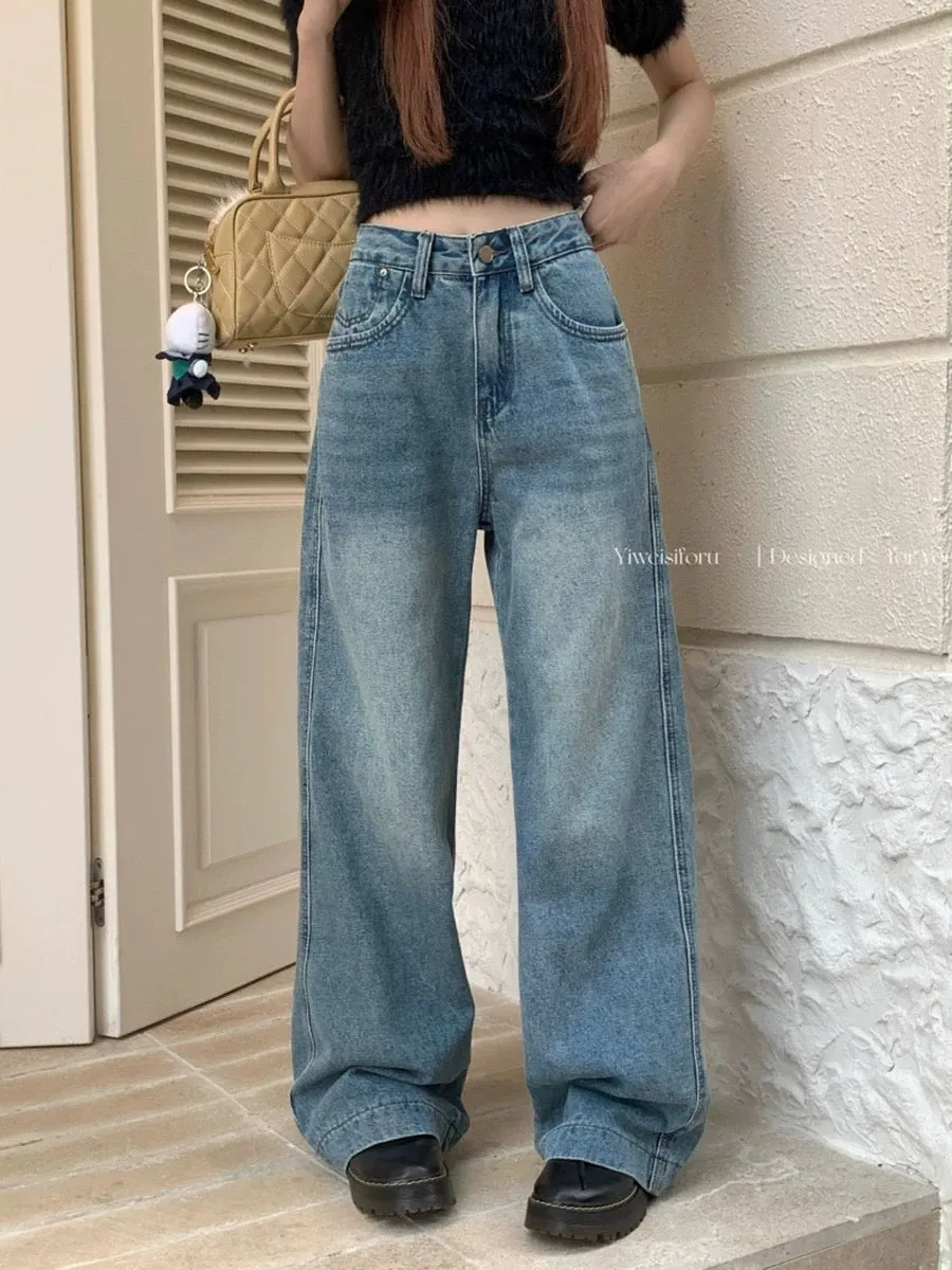 Retro washed blue wide-leg jeans for women, summer style, high-waisted, loose, slim and drapey, casual floor-length straight tro