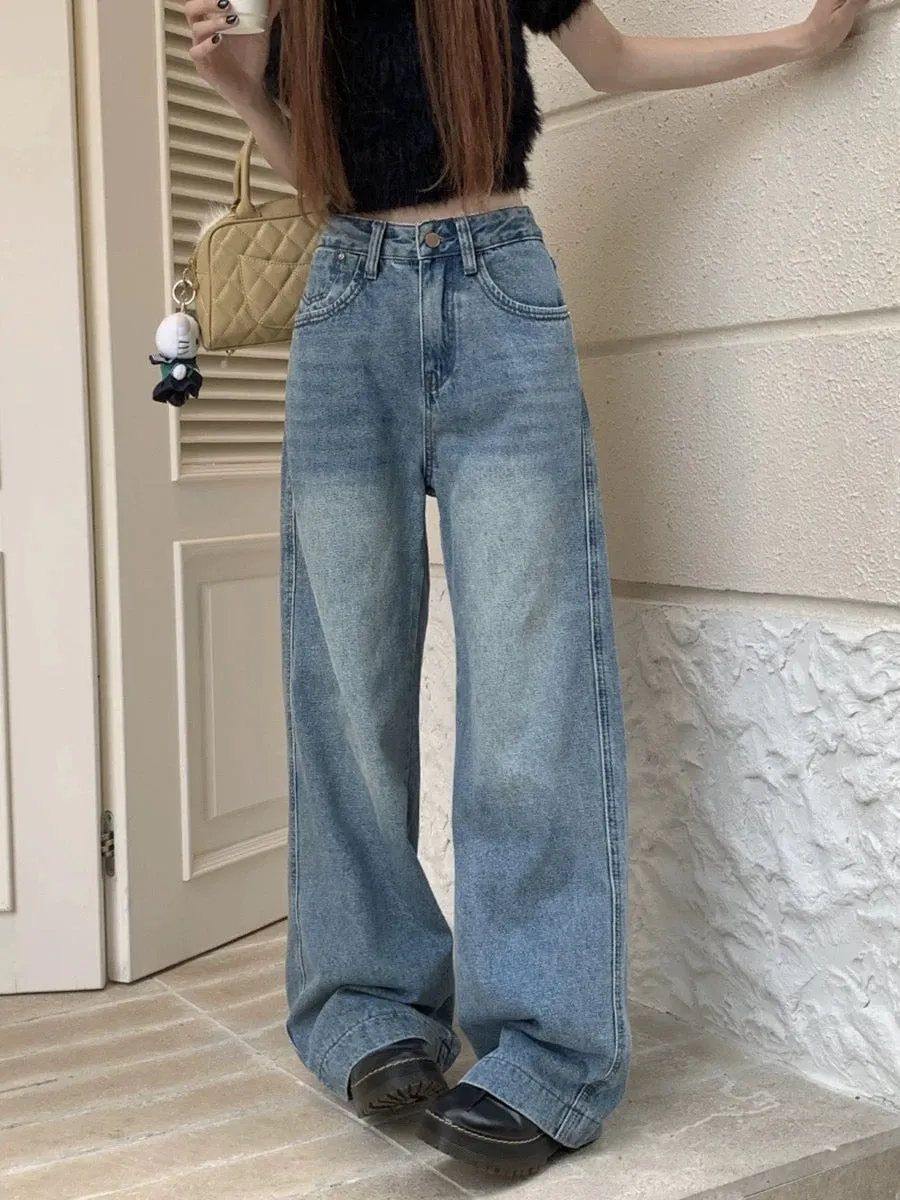 Retro washed blue wide-leg jeans for women, summer style, high-waisted, loose, slim and drapey, casual floor-length straight tro