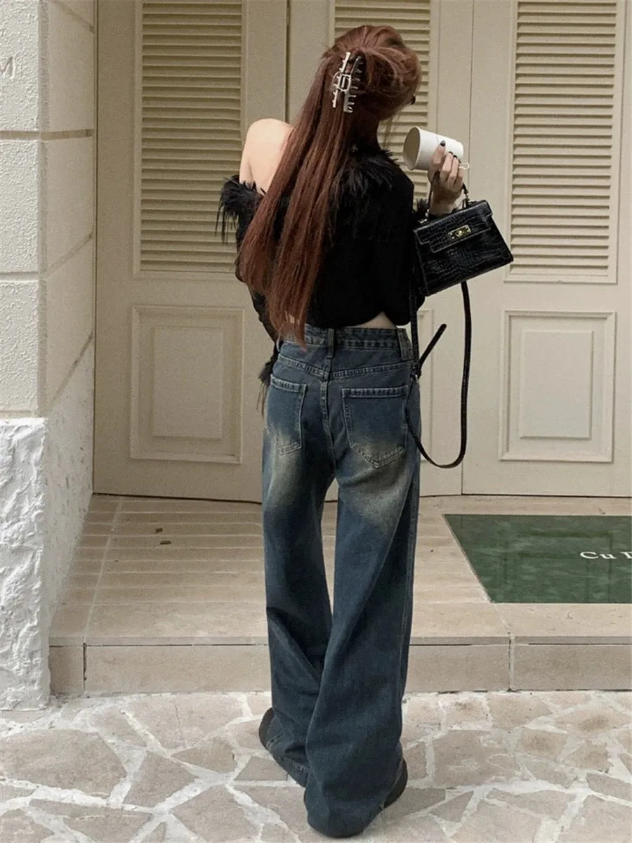 Retro washed blue wide-leg jeans for women, summer style, high-waisted, loose, slim and drapey, casual floor-length straight tro