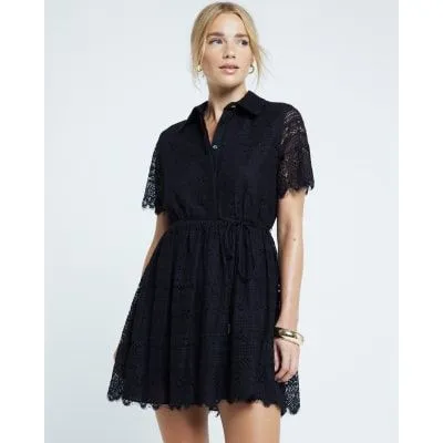 River Island Womens Black Lace Belted Mini Shirt Dress