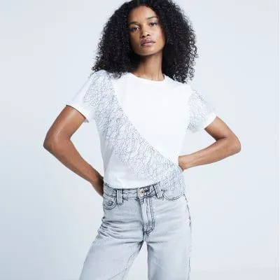 River Island Womens White Lace Frill T-Shirt