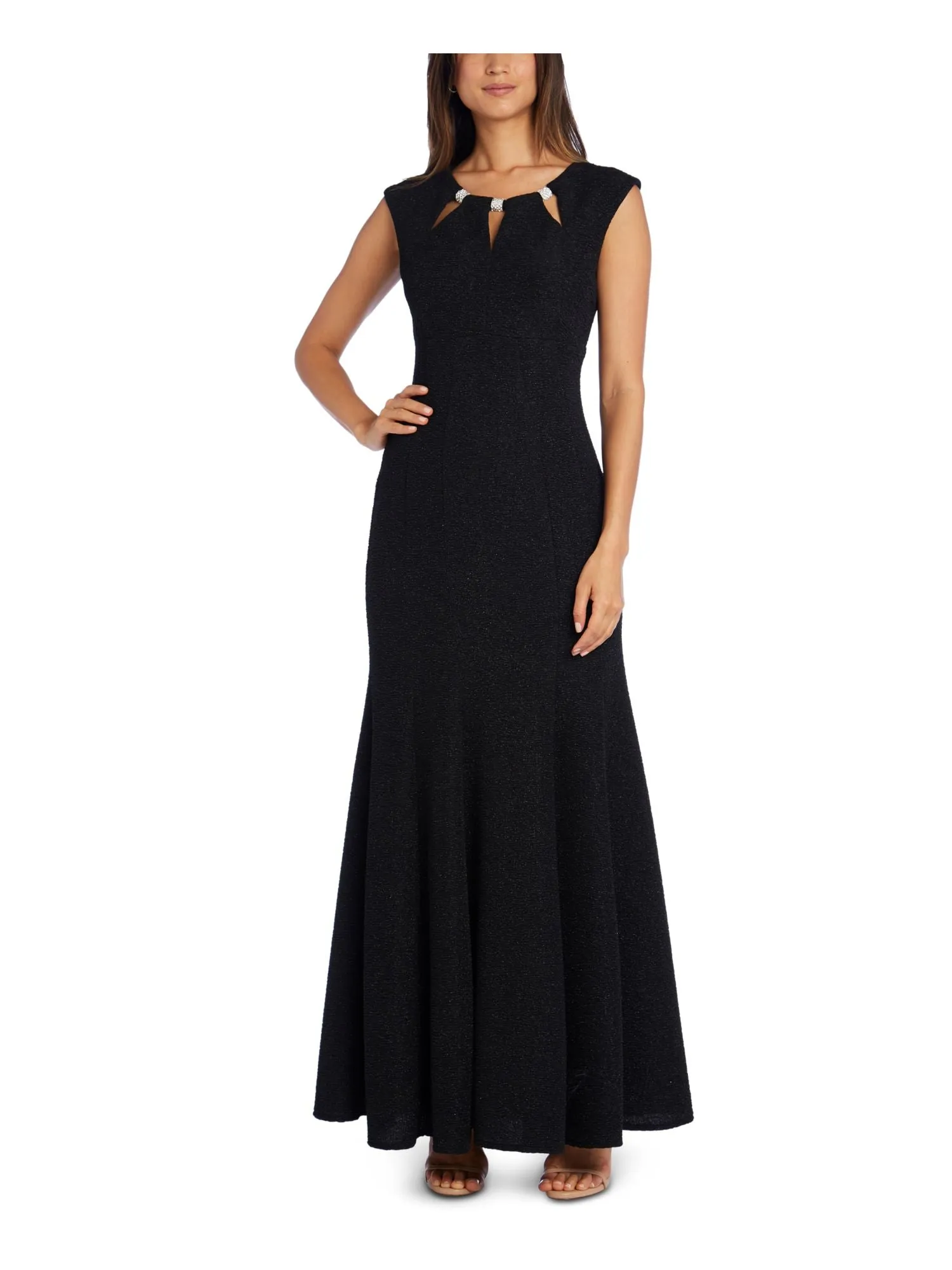 R&M RICHARDS Womens Black Glitter Embellished Zippered Cap Sleeve Keyhole Maxi Formal Mermaid Dress