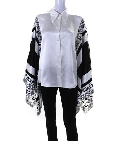 Rochas Womens Button Front Printed Sleeve Silk Draped Shirt White Black IT 44