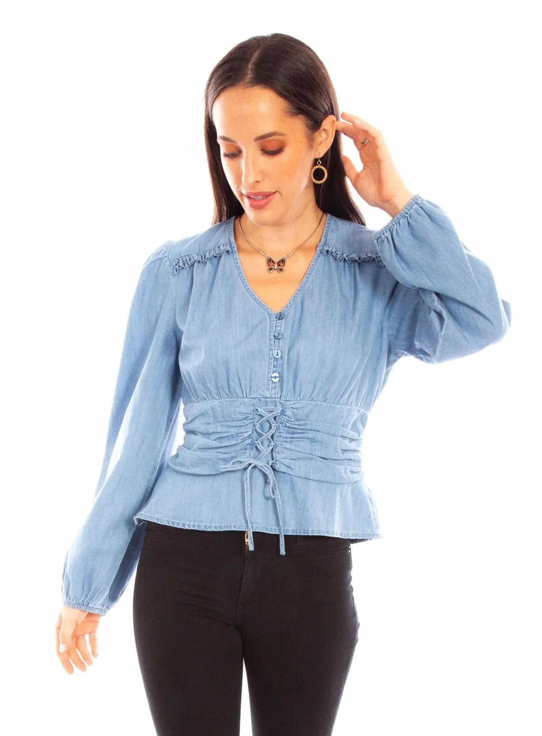 Scully Womens Lace-Up Peplum Denim 100% Cotton L/S Blouse XXL