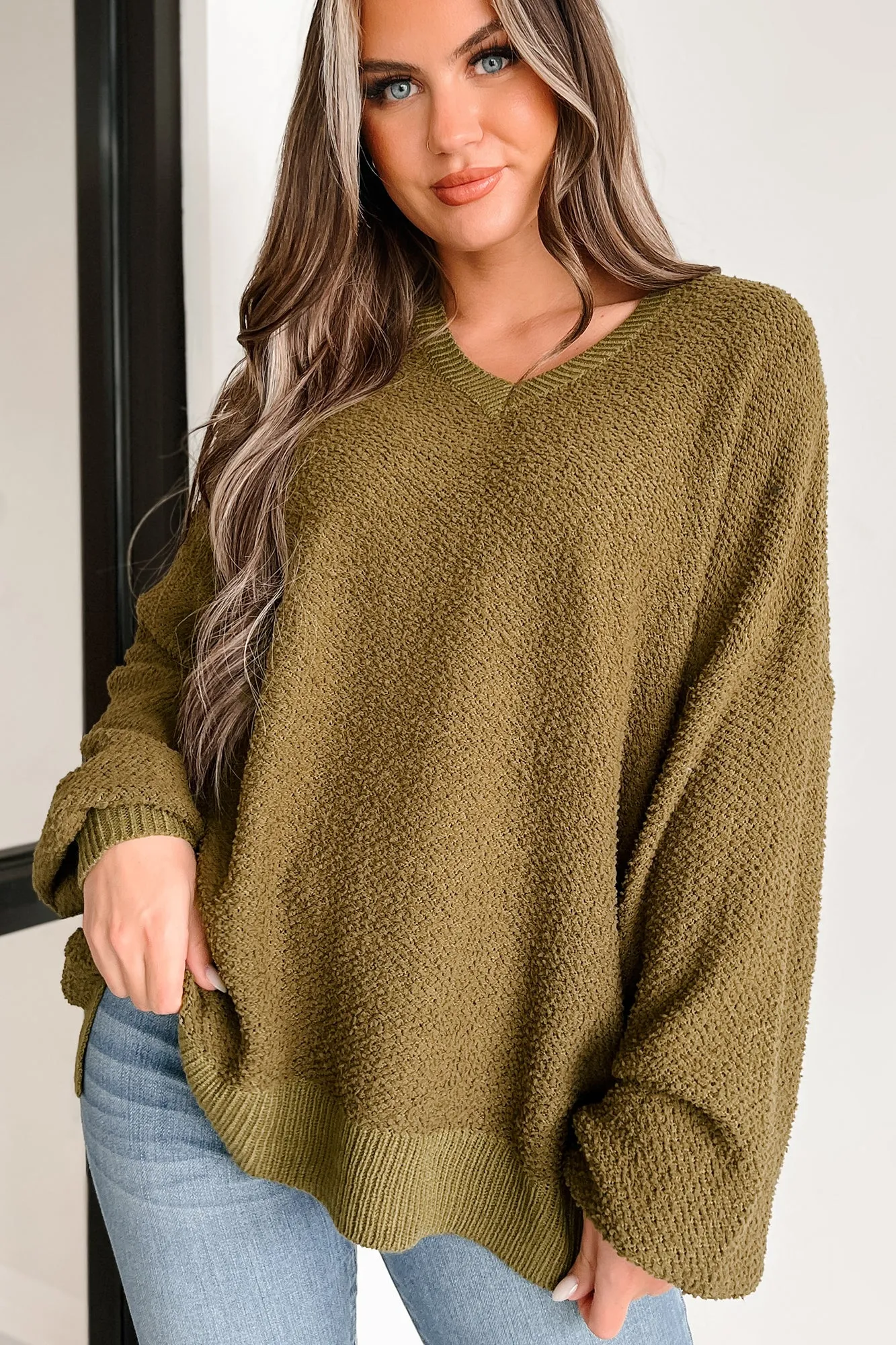 Sincerely Snuggly Hooded Popcorn Texture Sweater (Olive)